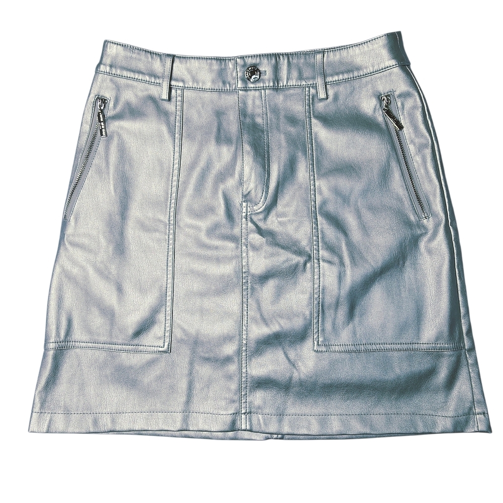 Marc New York metallic silver vegan leather mini skirt with front zip pockets